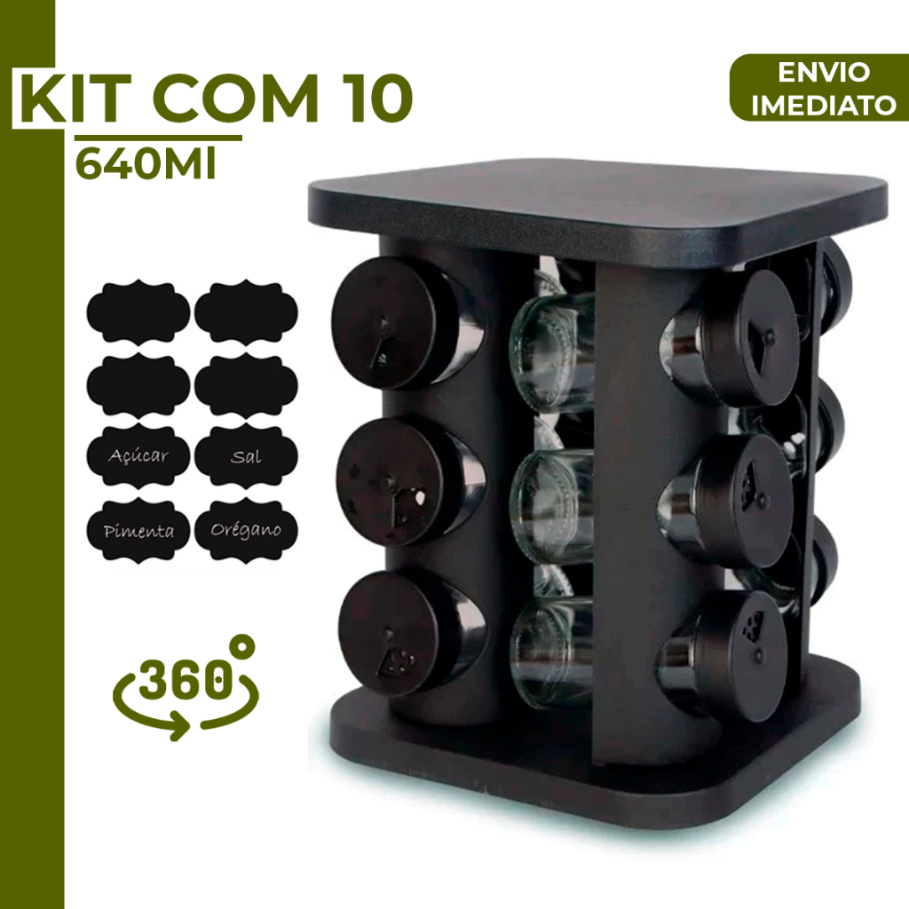 Porta Temperos Profissional Giratório 12 Potes Vidro OFERTA com Tampa Dosadora Condimentos Imediato