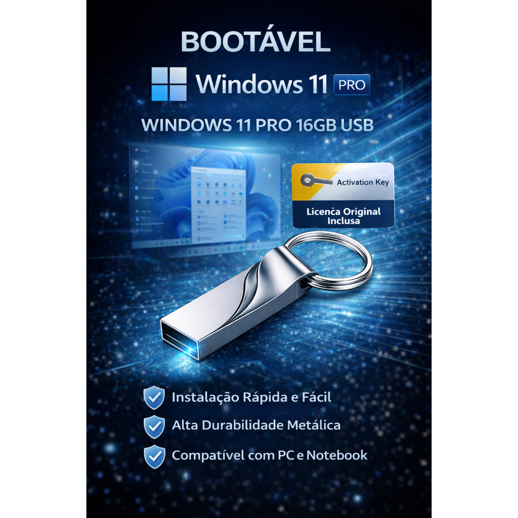 Pendrive Bootável Windows 11 Pro 16gb Usb Metálico + KEY de ativação do ...