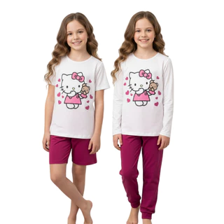 Pijama Infantil Feminino Verão e Inverno Hello Kitty | 100% Algodão Fio 30 em Oferta na Shopee