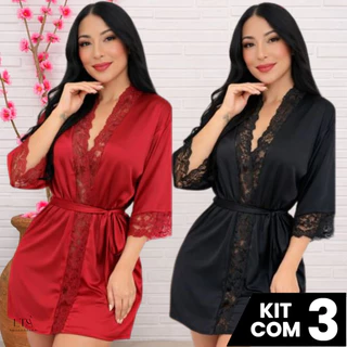 KIT 3 Robe Feminino Noiva Renda Luxo Roupão Banho Kimono Roupa Dormir Gestante Suave Lingerie Elegante em Oferta na Shopee