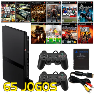 Sony Playstation 2 Slim + 2 Controles + 65 Jogos + Cabo AV + Pendrive 128gb + Memory Card + Completo