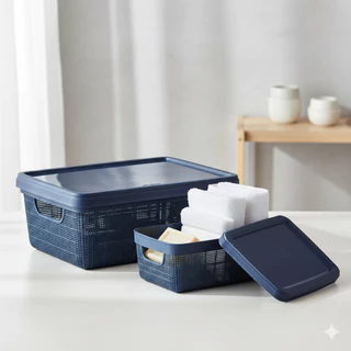 Kit Caixa Organizadora 1,8L + 5L com Tampa Plástico textura Juta cesta multiuso Para Organização em Oferta na Shopee