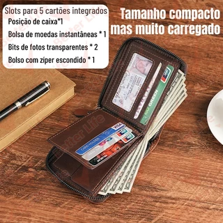 Carteira Masculina De Zíper Porta Cartão Moeda Preta Marrom Azul-BT