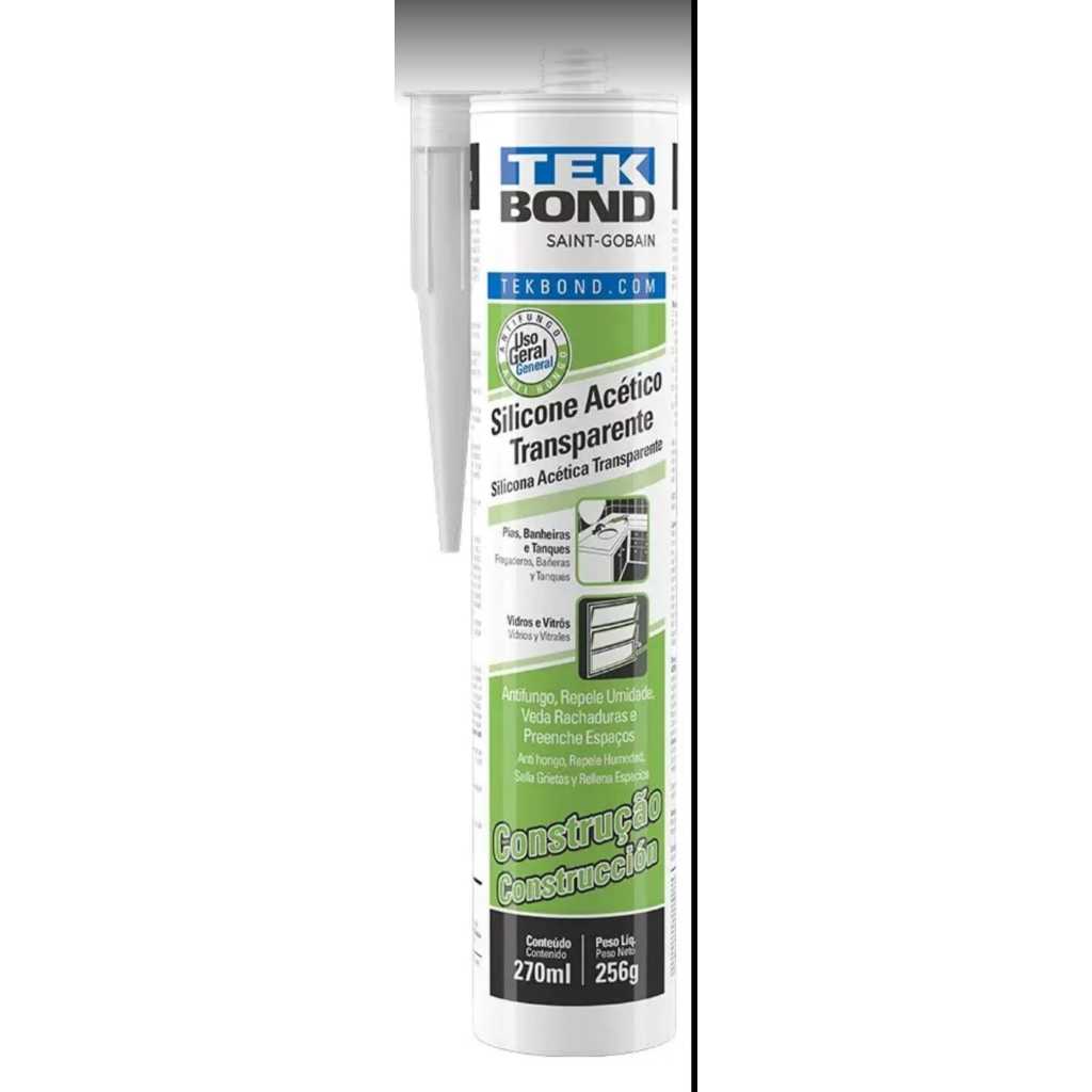 SILICONE ACÉTICO TRANSPARENTE TEKBON VEDAÇAÕ ANTIFUNGOS 256 gr