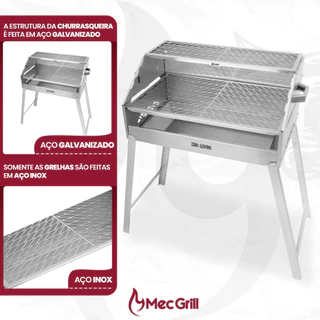 Churrasqueira Portátil a Carvão Aço Inox Galvanizado Desmontável Duas Grelhas Mec Angus 65X40