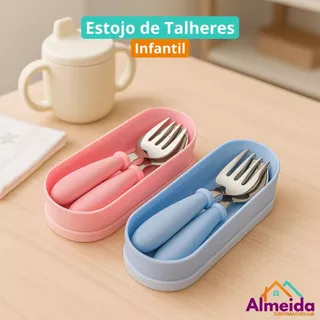 Talheres Infantil Aço Inox 304 Colher Garfo Kit Com Estojo Bebe 3 peças em Oferta na Shopee