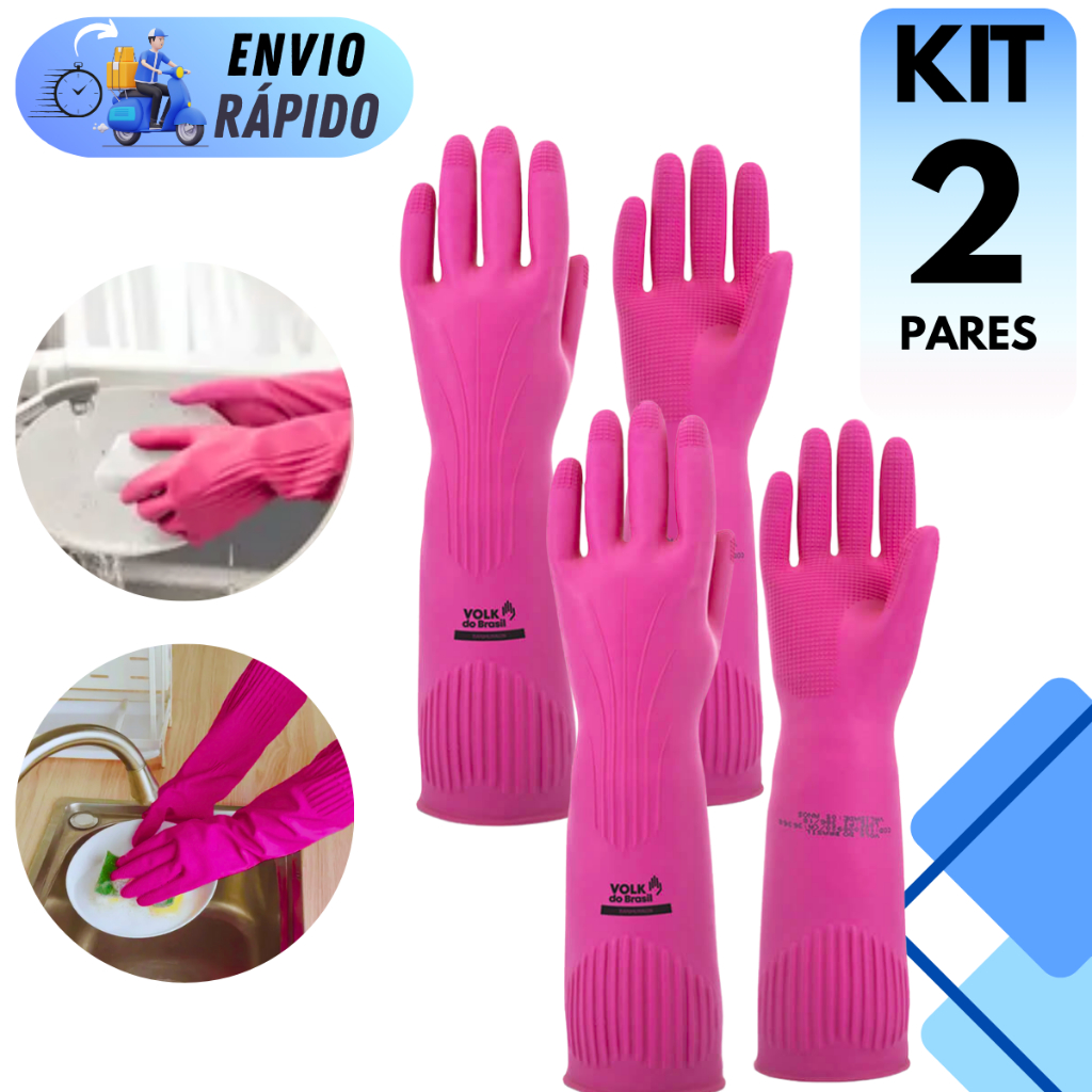 KIT 1 E 2 PARES LUVA VOLK LATEX RANHURADA ROSA MULTIUSO IMPERMEAVEL ...