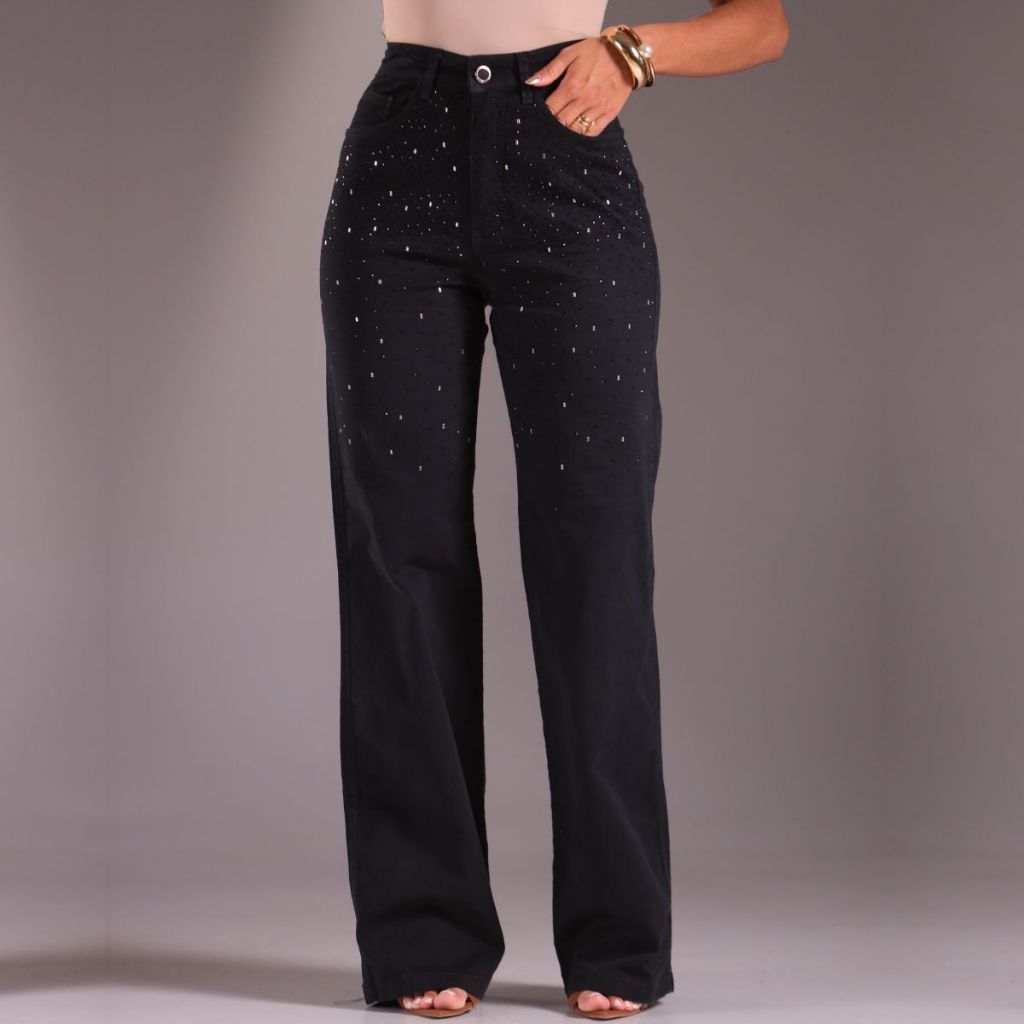 Calça Wide Leg Preta Jeans feminina com brilho gringa pantalona cós ...