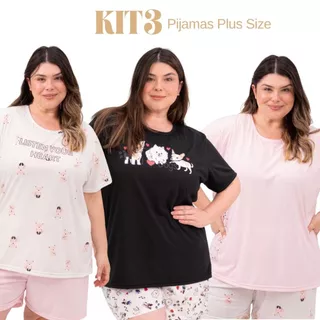 Kit 3 Pijamas Femininos Plus Size de Verão Leves Macios Confortáveis Dormir G1 ao G3 em Oferta na Shopee