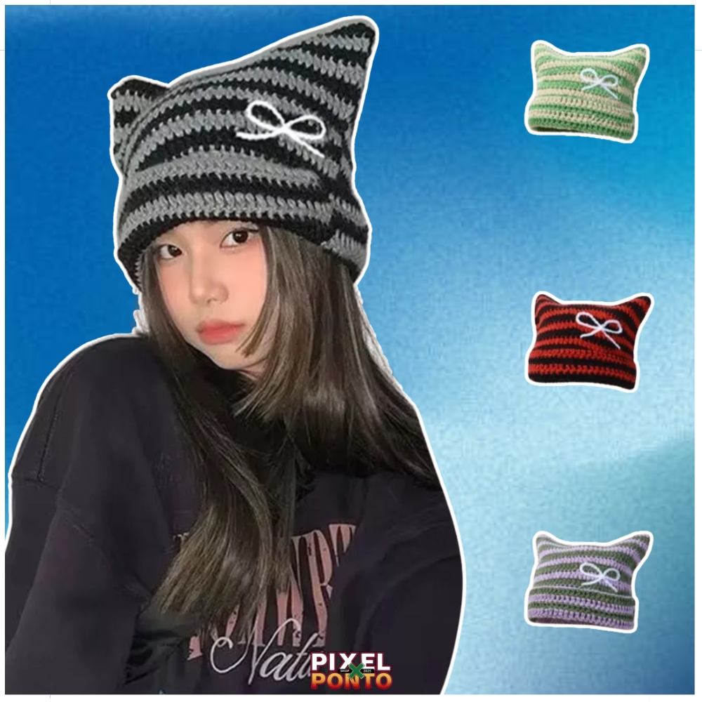 Touca Cat Beanie Com Laço Orelhas De Gato De Crochê Y2k Kpop Anime
