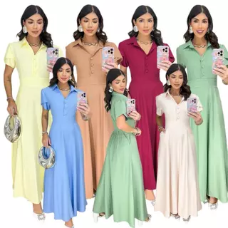 Vestido longo  Elegante Feminino Manga curta com botões e bolso