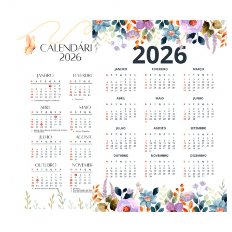 CALENDÁRIO 2026 - Tema Floral - Clean - Impresso e Plastificado ...
