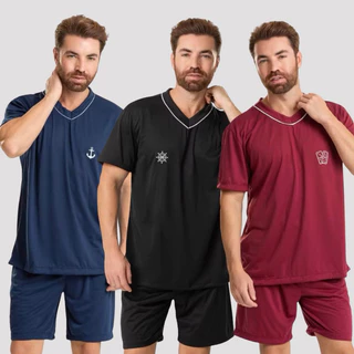 Pijama Masculino Curto Conforto Premium | Camiseta Gola V + Bermuda | Malha Leve | Várias Cores em Oferta na Shopee