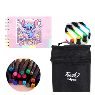 Livro Caderno Stitch Rosa + 24 Canetinhas Colorir Ponta Dupl em Oferta na Shopee