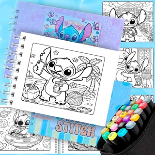 Livro Caderno Stitch Azul + 36 Canetinhas Colorir Ponta Dupl em Oferta na Shopee
