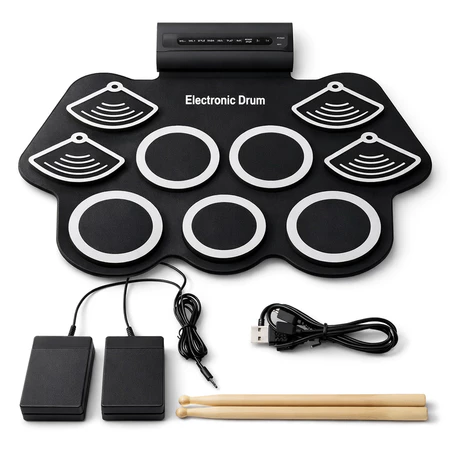 Bateria Eletrônica Musical Portátil Digital 9 Pads 6 Drums 5 Metal 2 Pedais e 2 Baquetas
