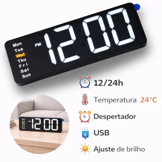 Relogio Digital De Mesa 16,3x2,3x5,7cm USB Despertador Temperatura Com Brilho Ajustavel Data 12/24H em Oferta na Shopee