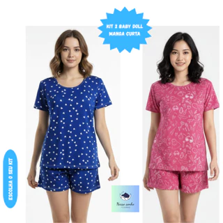 Kit 2 Pijama Baby Doll  Manga curta Feminino em Malha Suede / Conjunto Feminino Short Doll Confortavel Feminino Pijamas em Oferta na Shopee