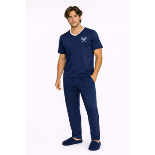Pijama masculino manga curta e calça gola V liso malha pv confortável em Oferta na Shopee