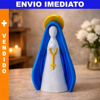 Escultura Decorativa Nossa Senhora com Manto Azul e Halo Dourado