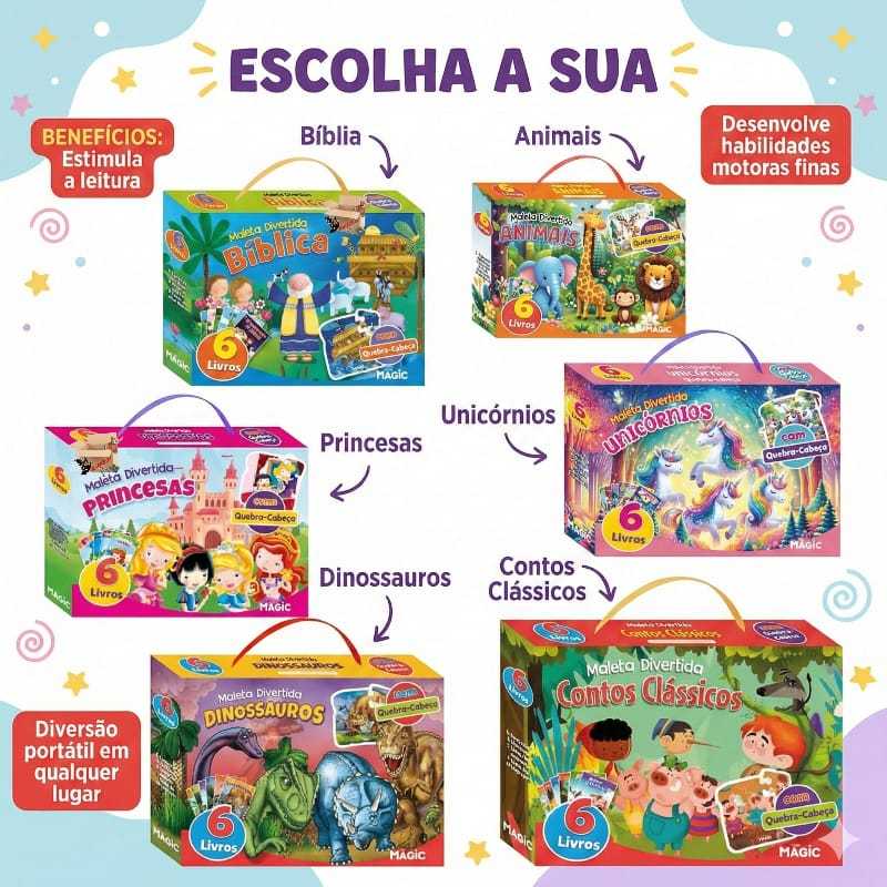 Kit Livro Infantil Maleta Divertida 6 Livros + Quebra Cabeça Em