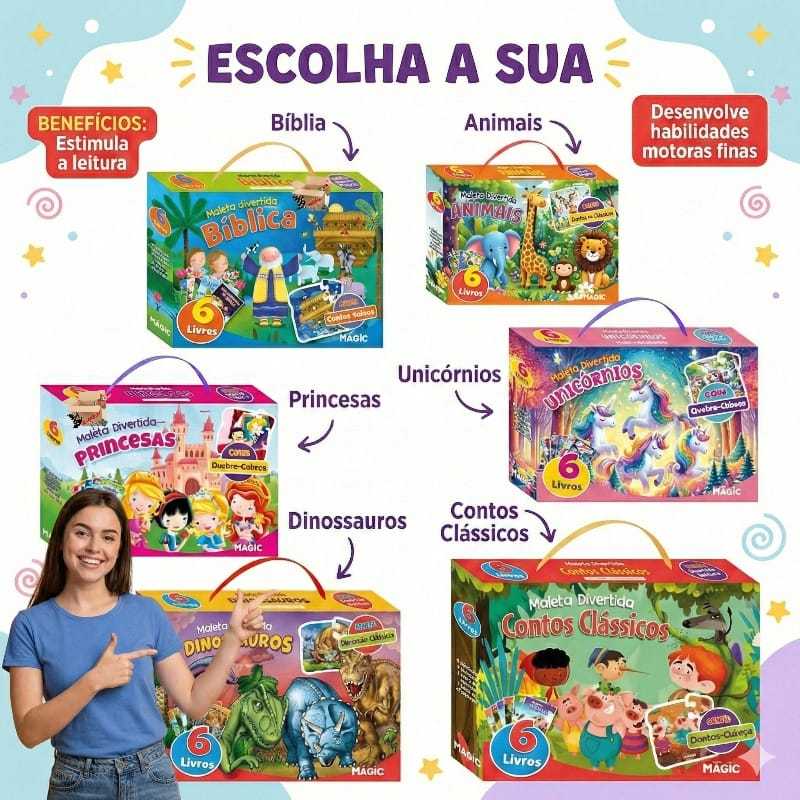 Kit Livro Infantil Maleta Divertida 6 Livros + Quebra Cabeça Em