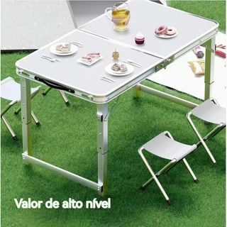 Kit Mesa Dobrável Portátil Vira Maleta Camping Churrasco 120X60cm com 4 Banquinhos Dobráveis Brancos em Oferta na Shopee