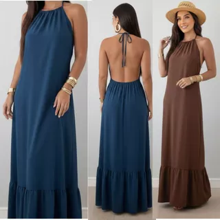 VESTIDO LONGO COSTAS NUAS HALTER VISCOSE SOLTINHO ELEGANTE VERÃO CASUAL CHIÇ em Oferta na Shopee