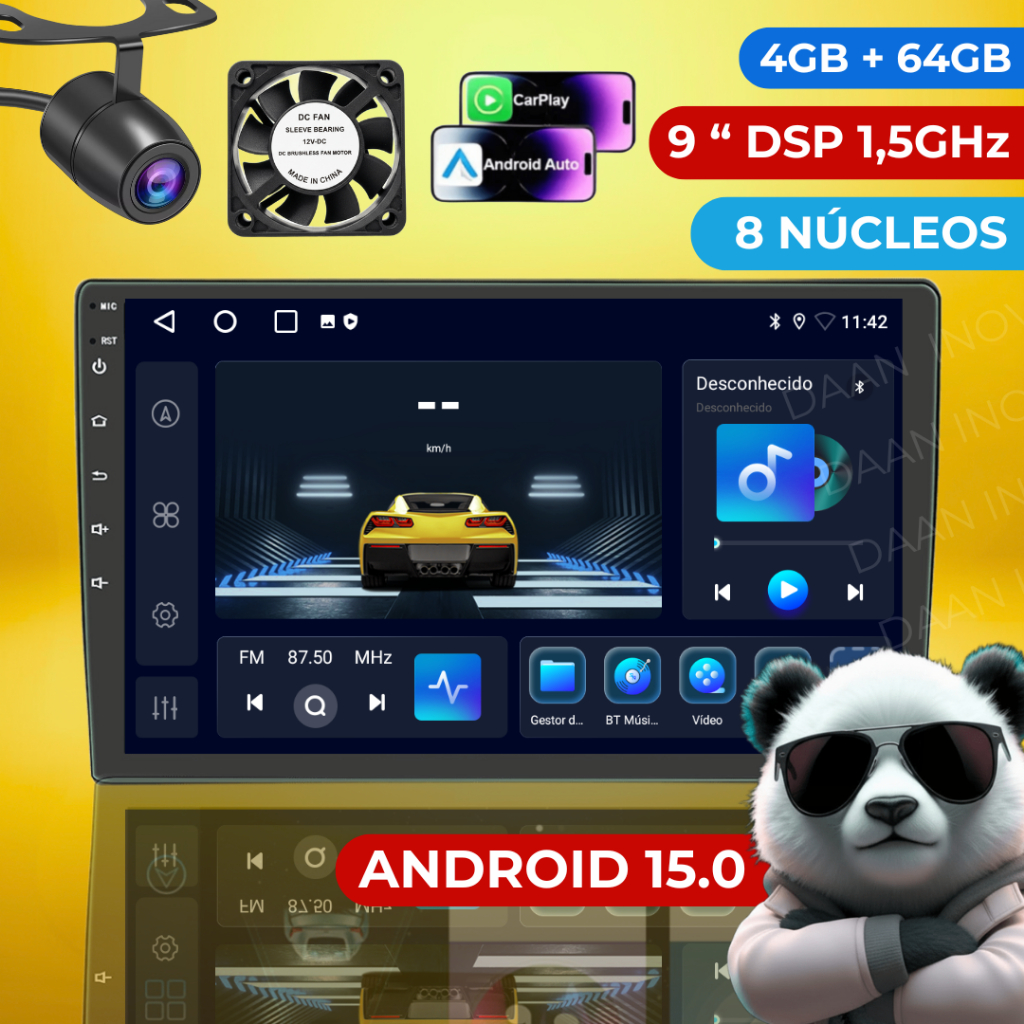 (Envio de SP)Multimídia DAAN Android15 9" 4+64GB 2 Din DSP Som 1,5GHz Carplay Wifi Bluetooth GPS CPU-X Testado