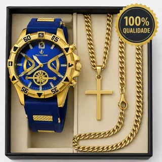 Kit Relogio Masculino Banhado a Ouro Original + Pingente + Colar com Cruz + Pulseira Premium