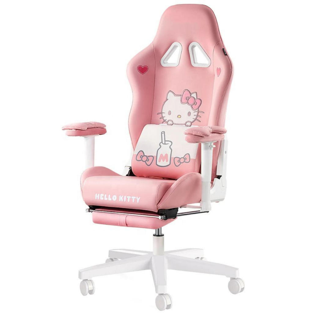 Cadeira gamer Hello Kitty Rosa com descanso para pés e almofada
