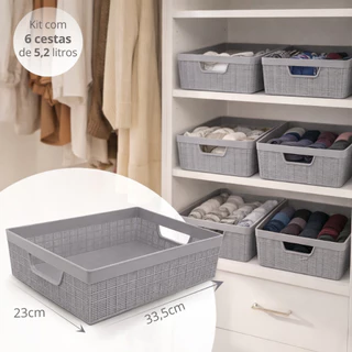 Kit 6 Cestas Caixa Organizadora Com Alça Juta A4 5,2 Litros Branco Cinza Rose Multiuso