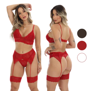 Conjunto Sexy de Renda Calcinha e Sutiã + Cinta Liga Lingerie Sensual Sem Bojo de Luxo em Oferta na Shopee