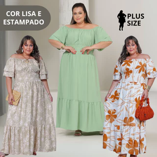 Vestido Plus Size Longo Floral Liso Evangélico Soltinho Com Elástico E Babado em Oferta na Shopee