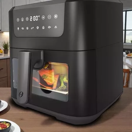 Air Fryer Digital 1400W com Visor Transparente e Painel Touch – Fritadeira Elétrica Sem Óleo Preta 110V 220V