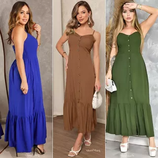 Vestido Feminino Longo em Viscolinho  Elegante Com Bojo, Com Forro, Com Regulador e Botões Frontais em Oferta na Shopee