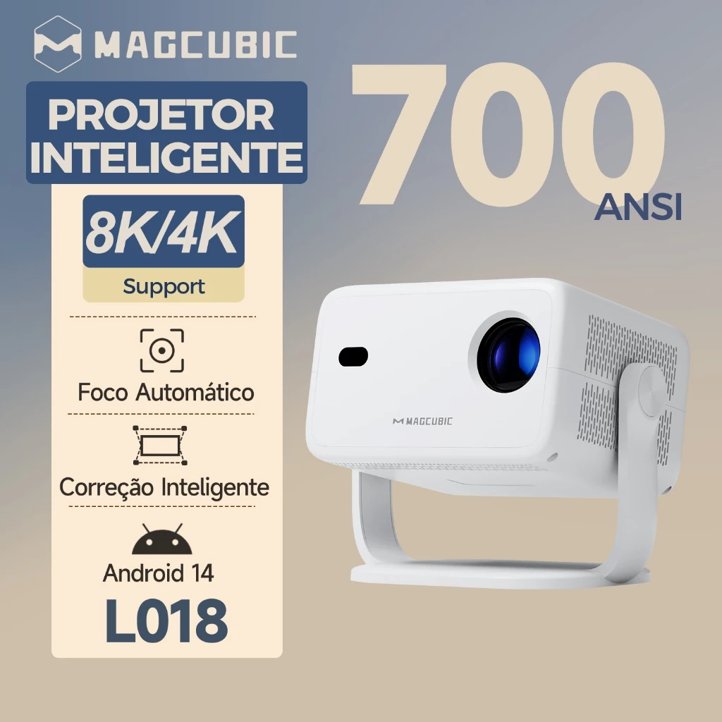 MAGCUBIC L018 Projetor 700ANSI Correção Inteligente Android 14 Com função de alto-falante Bluetooth