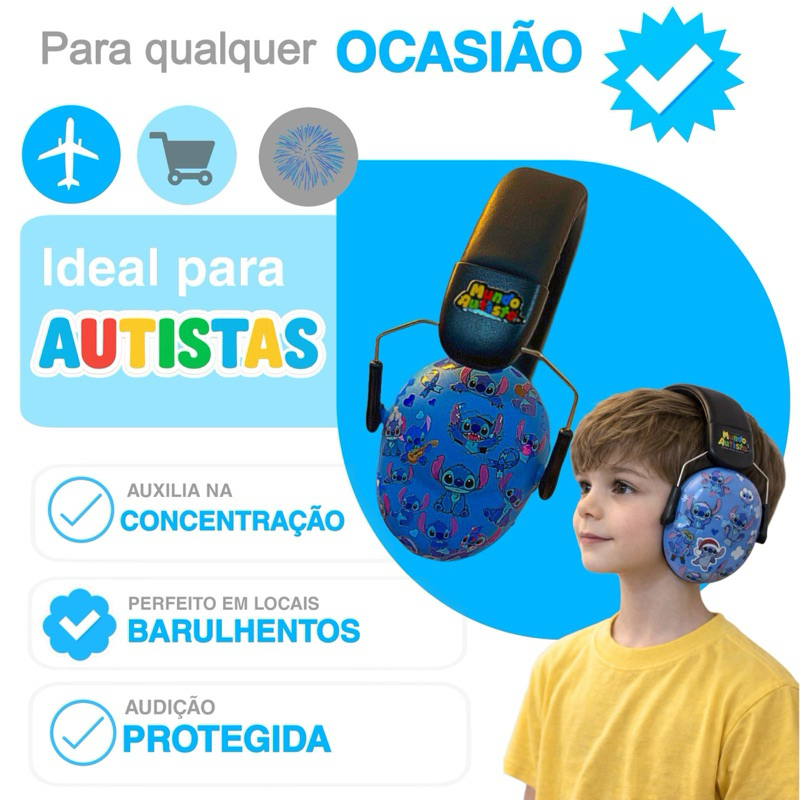 Abafador Stitch 32 DB Autismo Infantil Fone Protetor de Som Ouvido ...