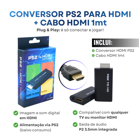 Conversor PS2 para HDMI | Adaptador PlayStation 2 Imagem e Som Digital