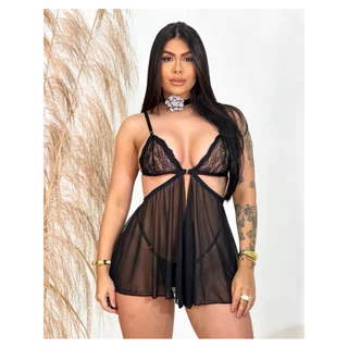 camisola de tule aberta com calcinha em Oferta na Shopee