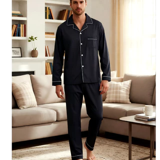 Conjunto Pijama Masculino Longo com Botões e Bolso - Roupa de Dormir Confortável, Estilo Moderno e Elegante em Oferta na Shopee