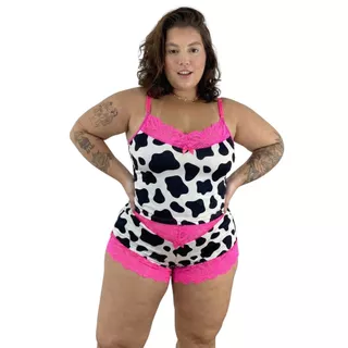 Pìjama Baby Doll Plus Size Estampado C/ Renda Roupa de Dormir Fresquinha em Oferta na Shopee