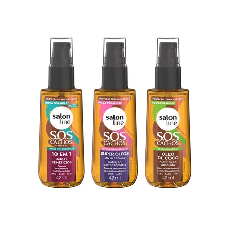 Kit com três frascos de óleo de tratamento Salon Line S.O.S Cachos, contendo as versões Multibenefícios, Super Óleos e Óleo de Coco, com 42ml cada.