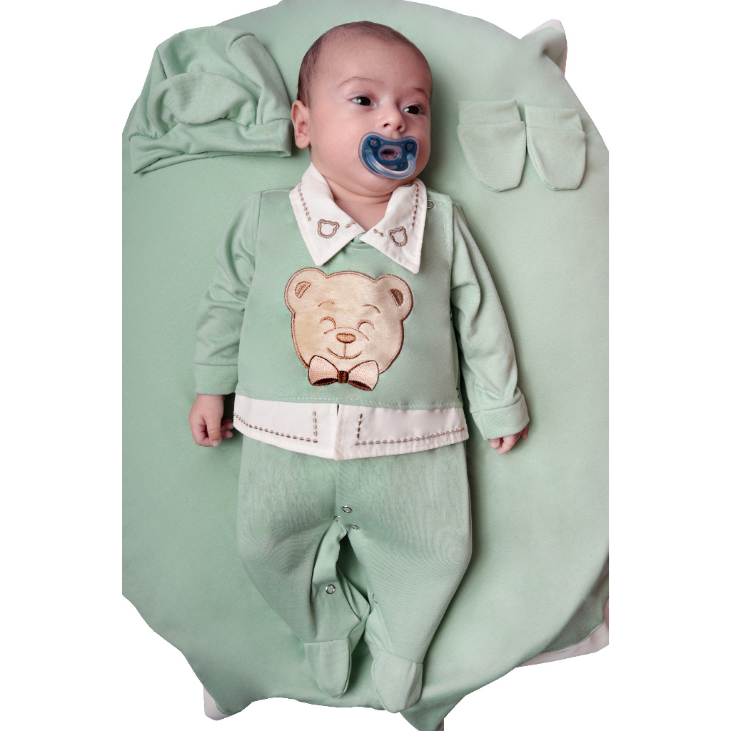 Saída Maternidade Menino Noah Verde Ursinho Bordado Roupa de Bebê Menino
