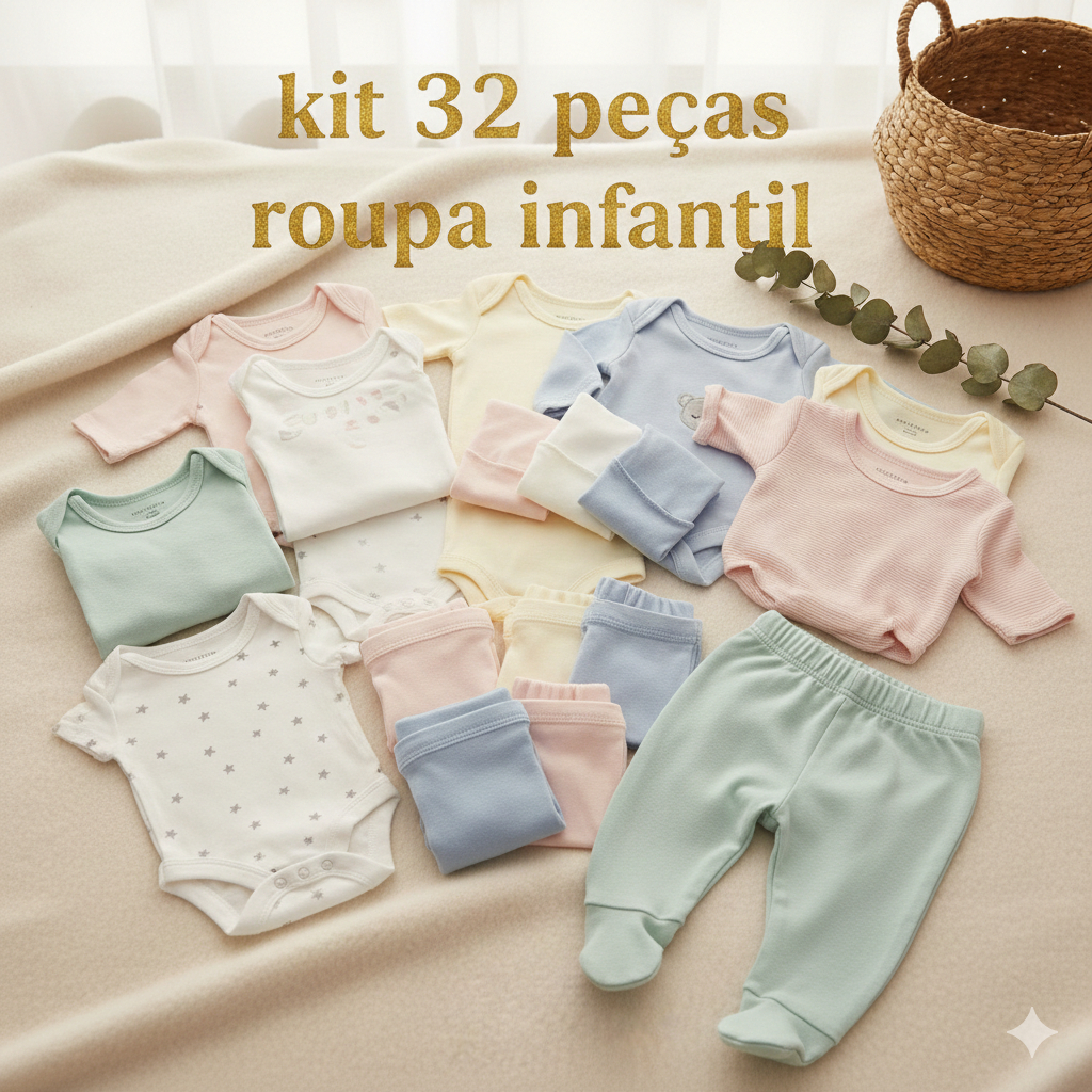 Kit 32 Peças Roupa Enxoval Bebê Body e Mijão Calça Menino Menina 100% ...