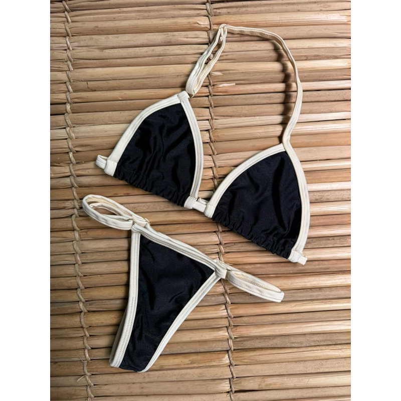 Biquíni Marquinha de Fita Fio Dental Cortininha Preto com Off | Shopee ...