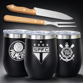 Kit Churrasco 2pç Faca + Garfo e Mini Copo Cuia Termico 300ml Inox Gravado Seu time Futebol