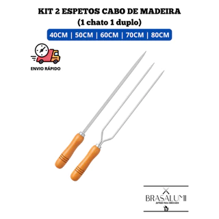 kit com 2 espeto cabo de madeira para churrasco (1 duplo 1 chato)