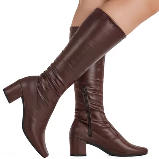 Bota Feminina GiGiL Bico Quadrado Cano Longo Confortável Salto Alto Moda Blogueira Zíper Stretch em Oferta na Shopee