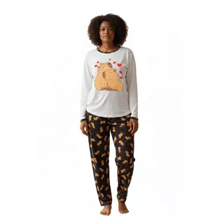 Pijama longo de frio adulto estampa da capivara malha em Oferta na Shopee